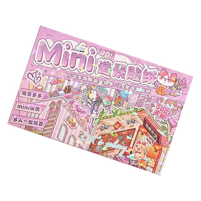 3D Scene Sticker Cartoon Scenery Sticker Miniature Simulated Cabin Scene Sticker for Scrapbooking Journal Planner Album pinkk