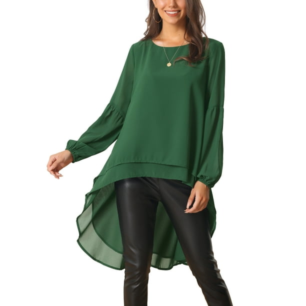 INSPIRAR CHIC Blusas Asimétricas de Manga Larga con Cuello Redondo para Mujeres, Tops Casual Elegantes de Chiffon, XL Verde Oscuro