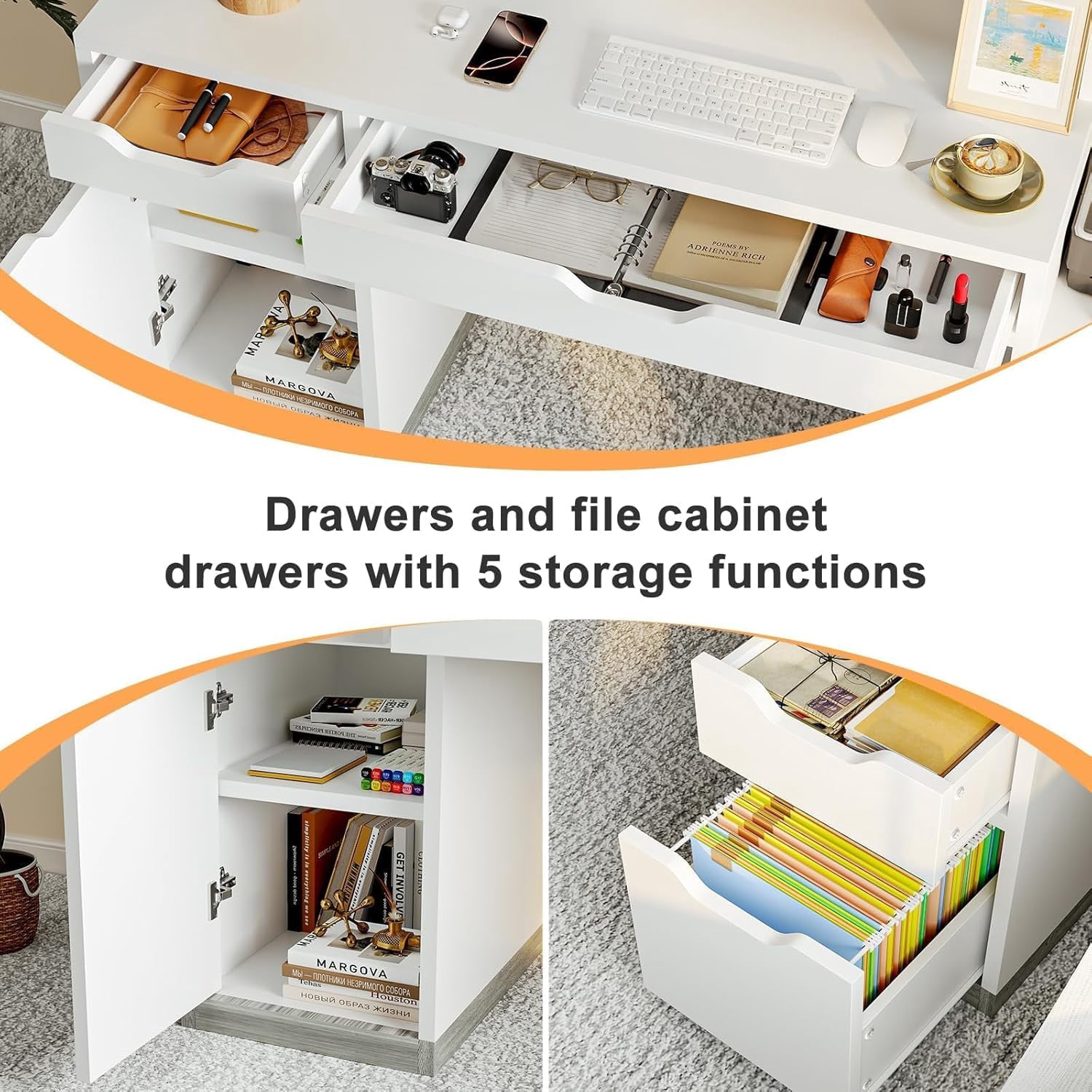 DreamCurship 58 inch White Desk with Drawer, Computer Desk with Hutch and File Cabinet, Executive Desk with Long Monitor Stand & Storage Shelves, White