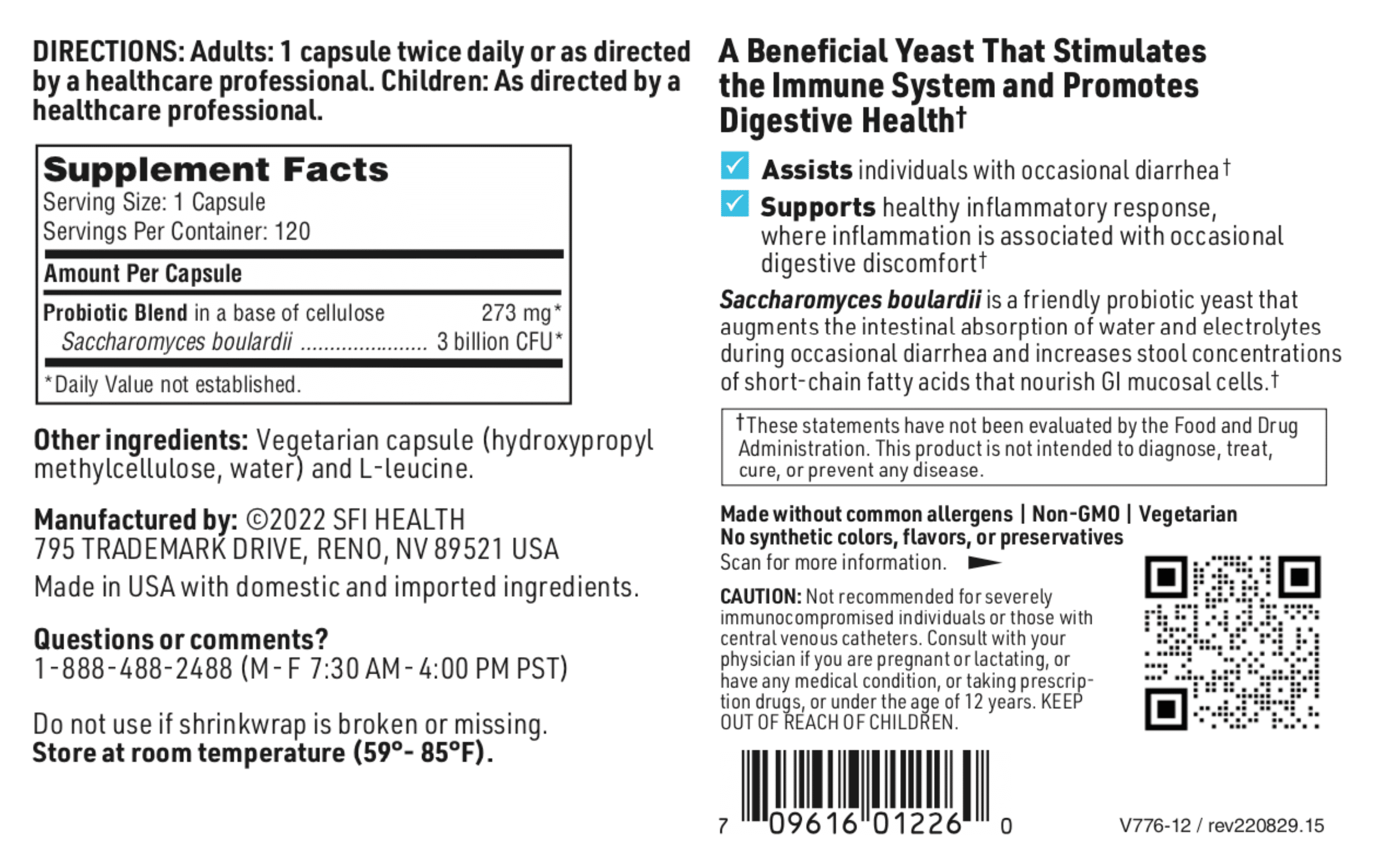 Klaire Labs Saccharomyces Boulardii Probiotic - Acid Resistant & Shelf-Stable Probiotic Supplement to Help Support Healthy Yeast Balance, Immune & Digestive Health - Hypoallergenic, Dairy-Free (120ct)