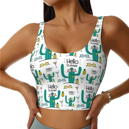 Jgfou Hello Summer Print Womens Sports Bra - Padded Workout Sports Bras Crop Tank Top
