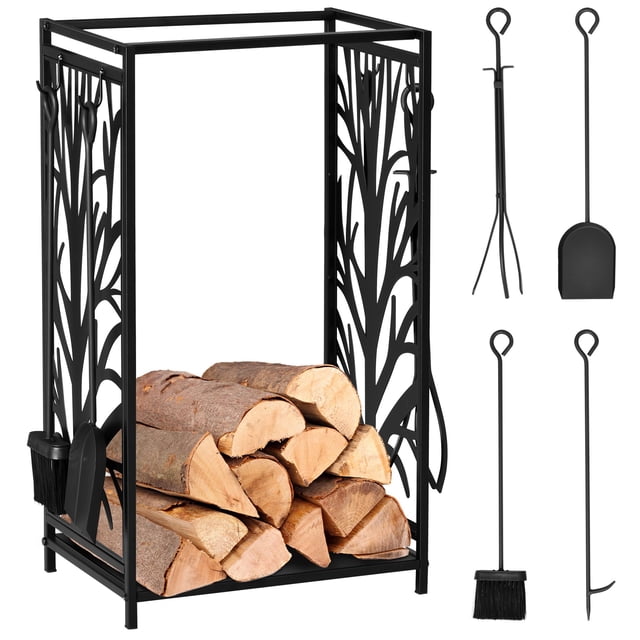 Support Noir pour Bois de Chauffage avec Outils - Porte-Bûches de 18 Pouces pour Rangement de Foyer Intérieur/extérieur, Conception en Acier et Résistante aux Intempéries, Hauteur de 27,6 Pouces