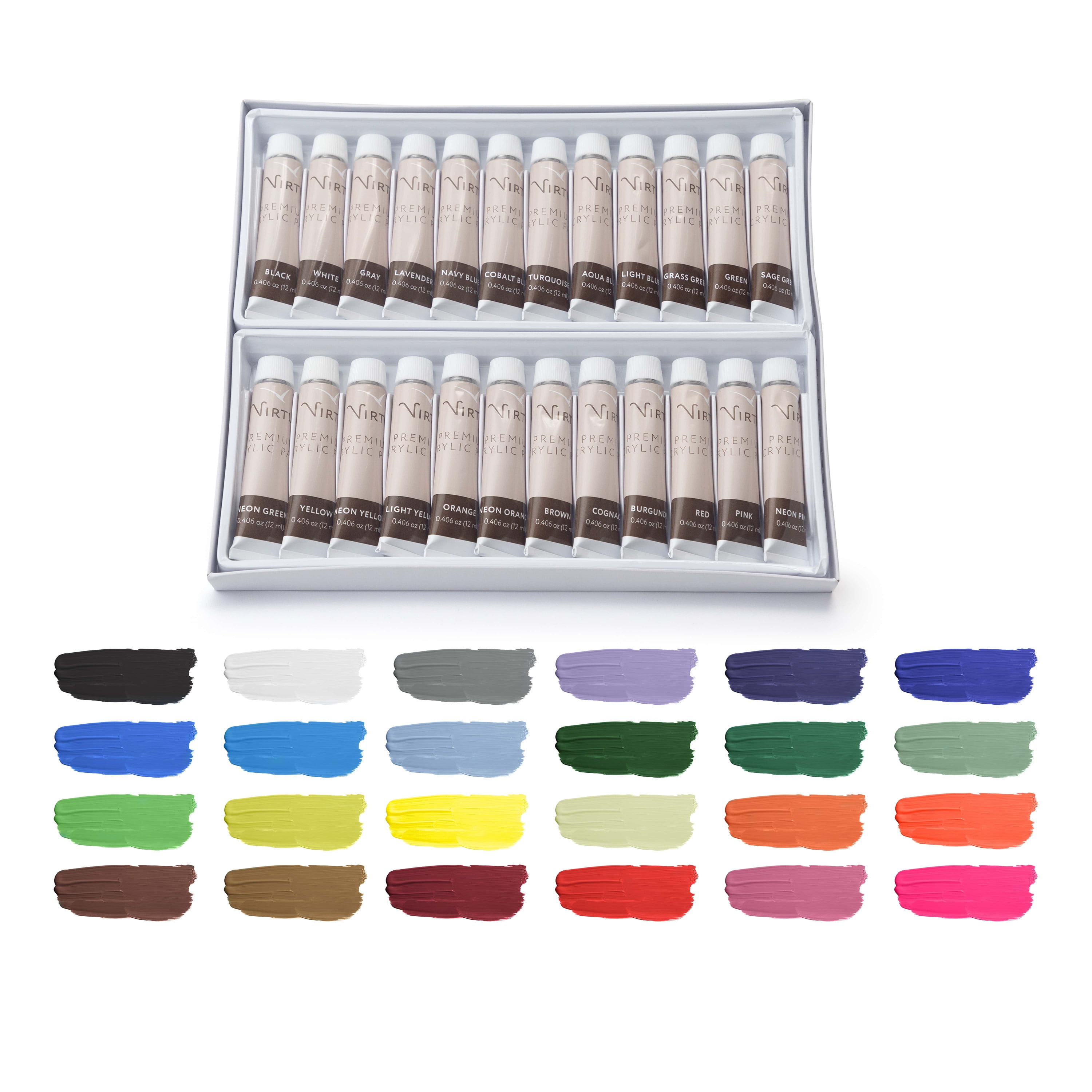 Virtu 34pc Acrylic Paint Set, 24 Colors (12ml) Acrylic Craft Paint Kit With 2 Canvases, 5 Paint Brushes, Painting Pallet, Painting Knife and 1 Sponge