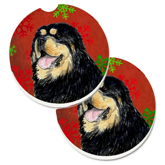 Tibetan Mastiff Red Green Snowflake Christmas Set of 2 Cup Holder Car Coasters