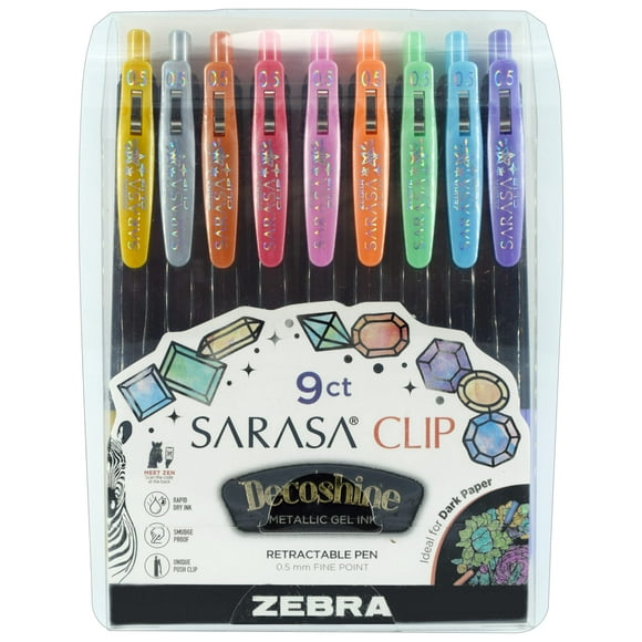 Bolígrafo de gel Zebra Sarasa Clip Decoshine, 0,5 mm, metálico, paquete de 9