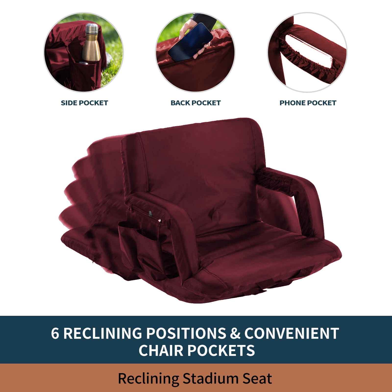 Seamander Large Size Foldable Stadium Chair for Bleacher Padded Back Support, Burgundy