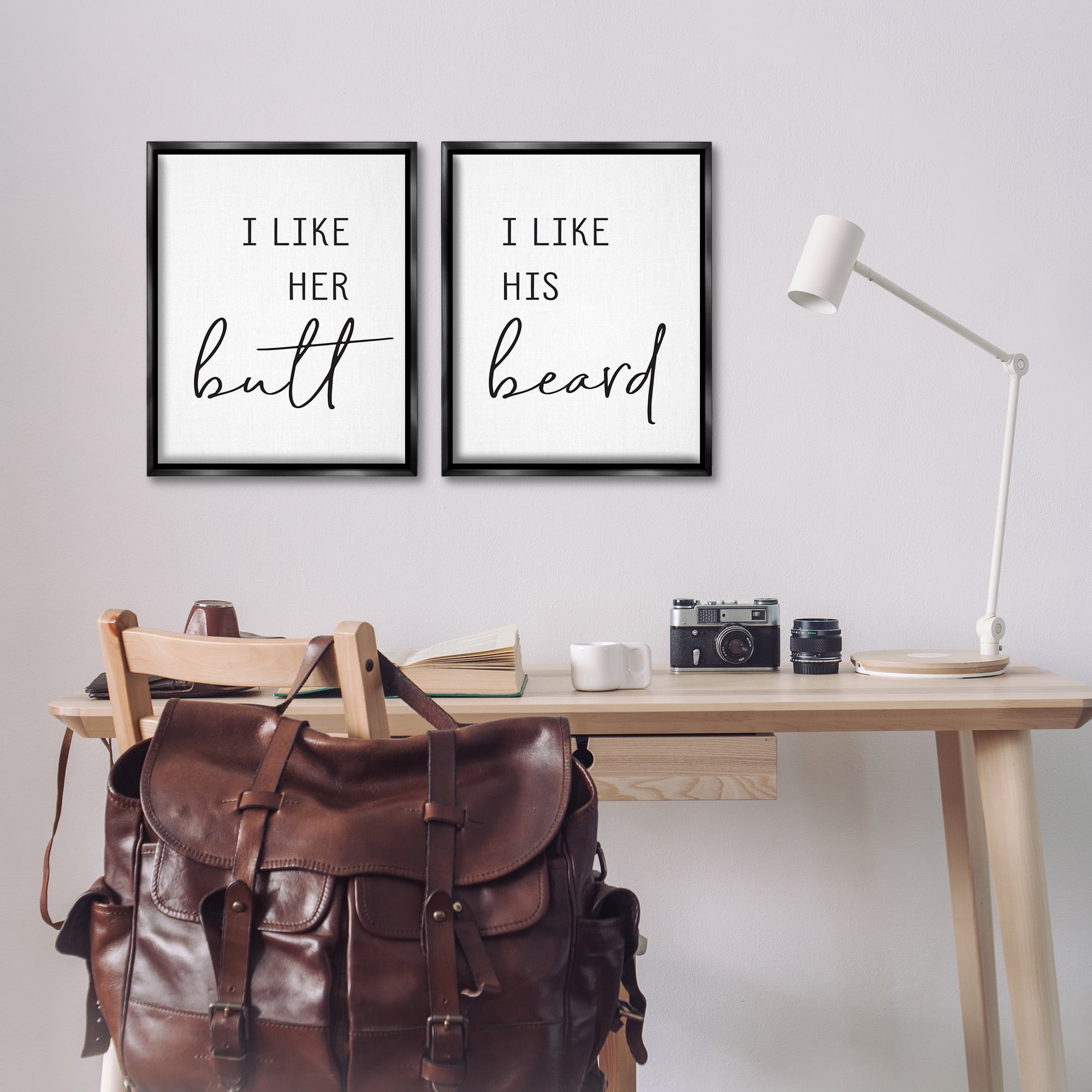 Stupell Industries Her Butt His Beard Funny Romantic Typography Painting Black Floater Framed Canvas Art Print Wall Art, 17 x 21, Set of 2