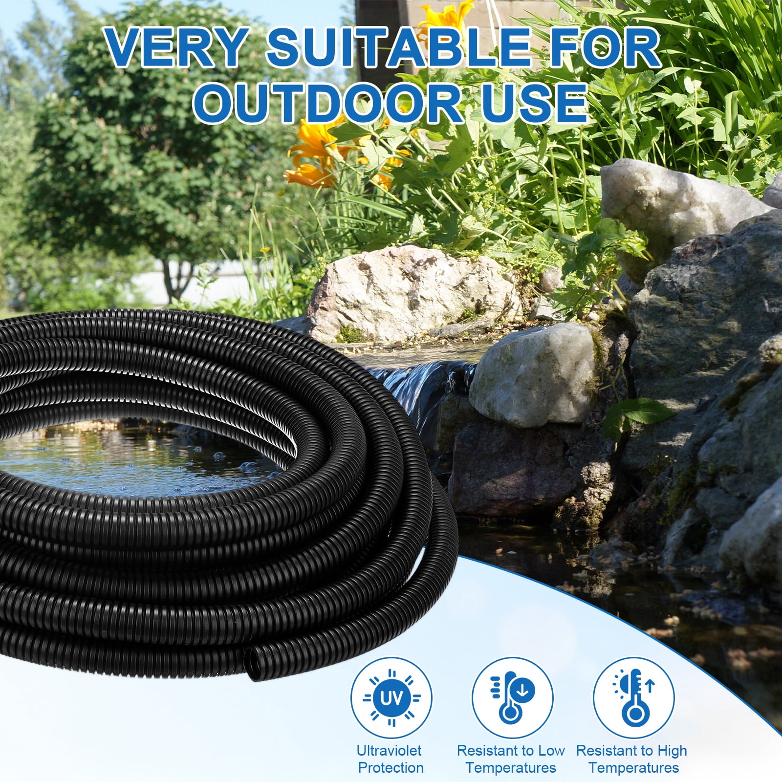 Uxcell 1/2" ID Pond Tubing, 26ft Corrugated Flexible Reinforced PP Hose Pipe Pump Tube for Garden Ponds/Waterfall Sump Pump Hose [Black]