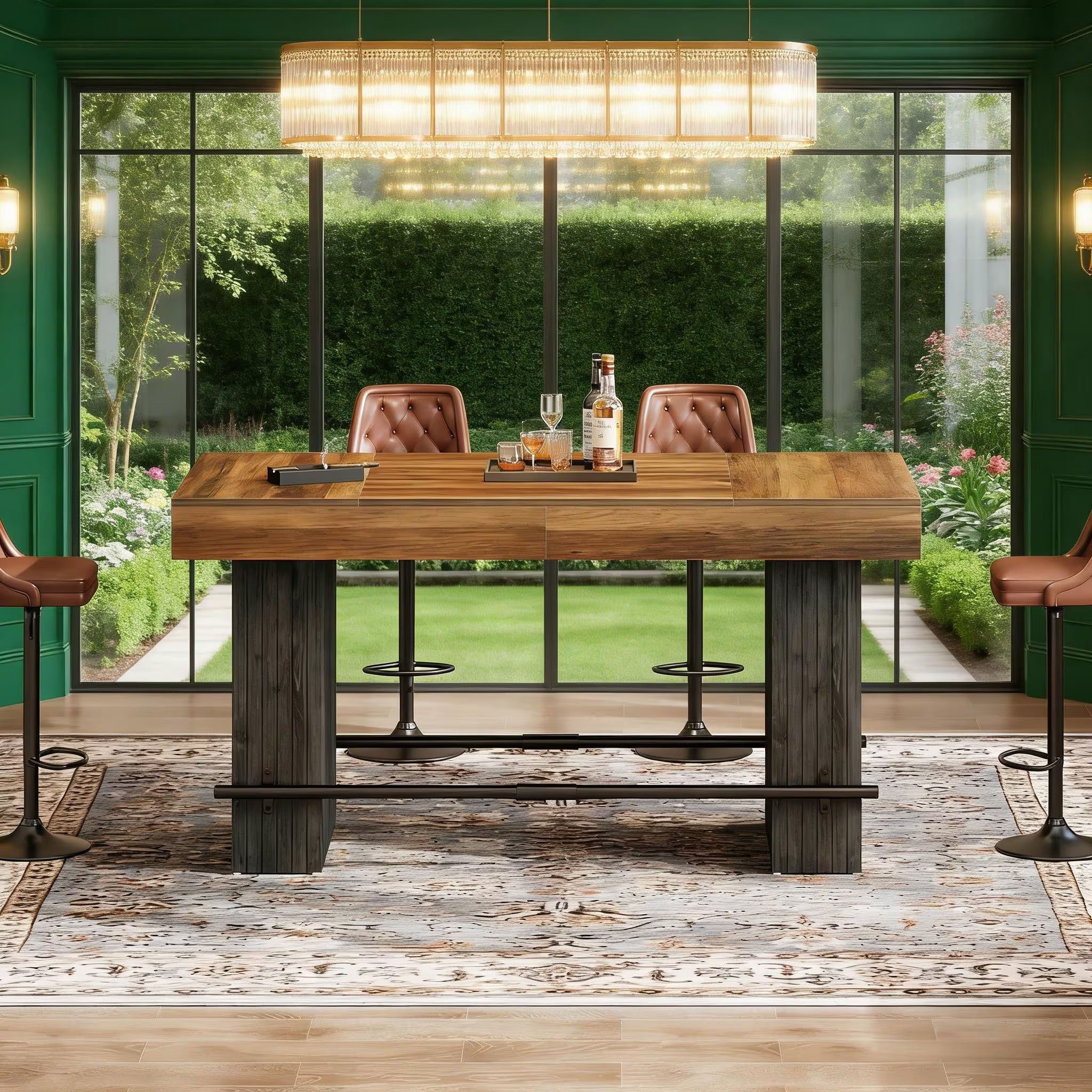 MAYEERTY 62" Industrial Bistro Bar Table, Pub Table with Metal Footrest, Counter Height Table for Home Bar, Kitchen and Living Room