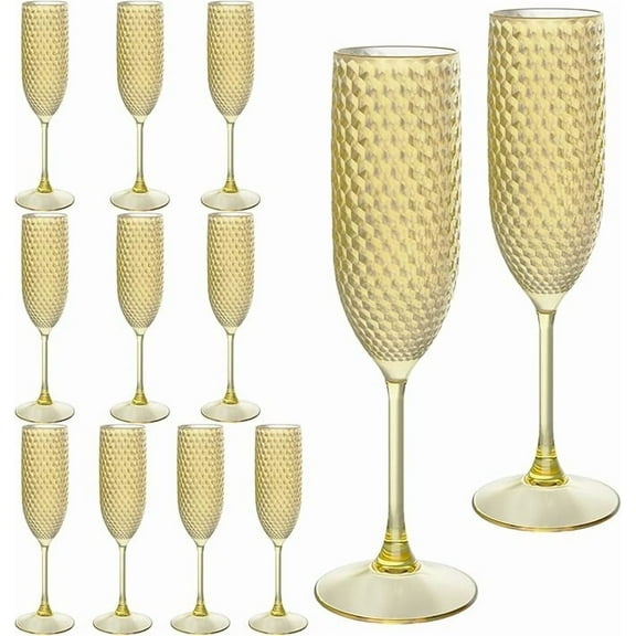 ZHURUININ 7oz Reusable Plastic Champagne Flutes ，Gold，12Pack