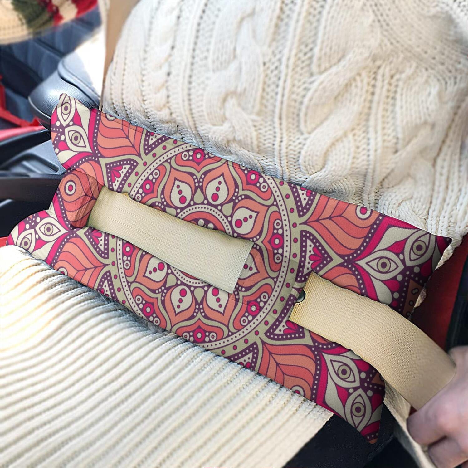 Ethnic Mandala Art Seat Belt Cushion for Surgery - Plush Mastectomy Pillow for Car with Secure Straps - Post Breast Surgery Comfort Pillow