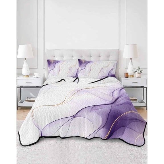 Quilts Twin XL Size, Marble Purple Soft Comforter Bedding Set for Bed, Gold White Modern Gradient Ocean Ripple Lightweight Quilted Bedspread with Pillow Cover(2 Pieces) for All Season, 68x98 Inch