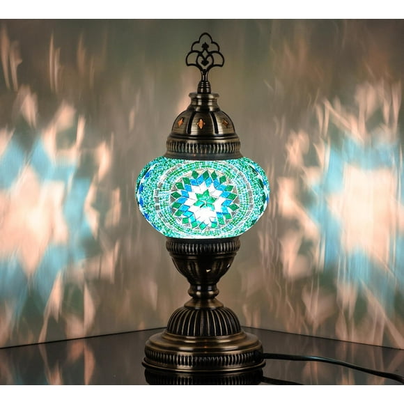 ERDS-Authentic Turkish Lamp, Made in Turkey, Colorful Mosaic Glass Turkish Moroccan Table Desk Bedside Lamp Lampshade with Antique Brass Color Metal Base, Handmade, 11.8x5.5 (Turquoise)