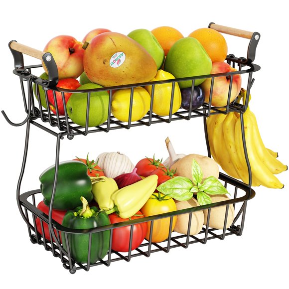 Cesta de fruta ANTOPY de 2 niveles con 2 perchas de metal para plátanos