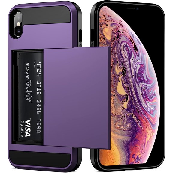 for iPhone Xs Max Case Wallet Credit Card Holder ID Slot Sliding Door Hidden Pocket Men Women Anti-Scratch Dual Layer Hybrid Bumper Armor Protective Shell Back Cover 6.5 inch GreyPurple