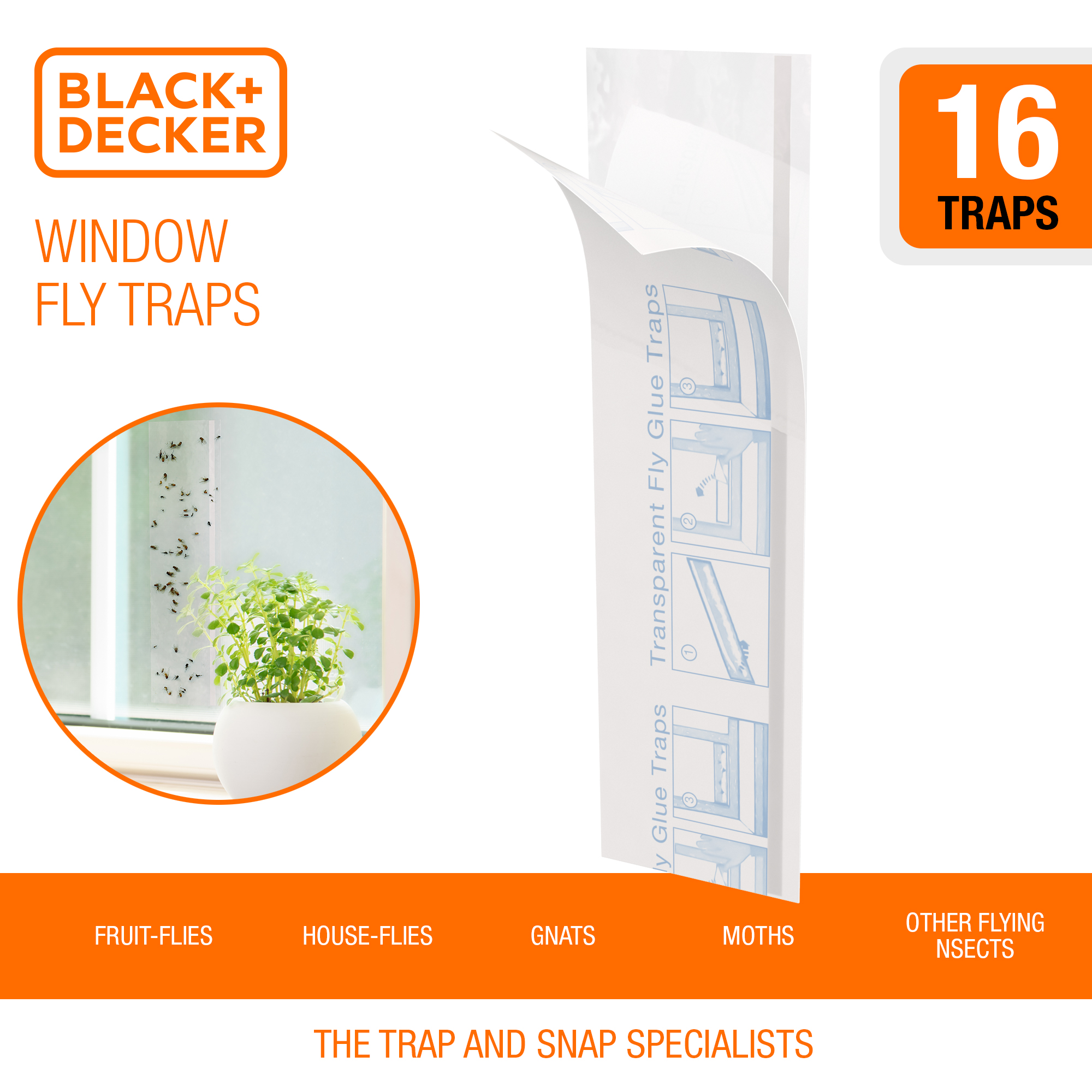 BLACK + DECKER Window Fly Traps | Sticky Glue Paper Window Decals for Flies, Gnats, Moths, Mosquitoes & Other Insect Control | Pre-Baited & Odorless | 16 Pack