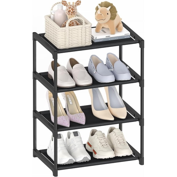 4 Tier Extra Small Shoe Rack (16.3" Wide), Narrow Stackable Adult Shoe Storage Organizer Shelf for Closet Floor Entryway Bedroom, Space Saver Shoe Rack Organization Shelves