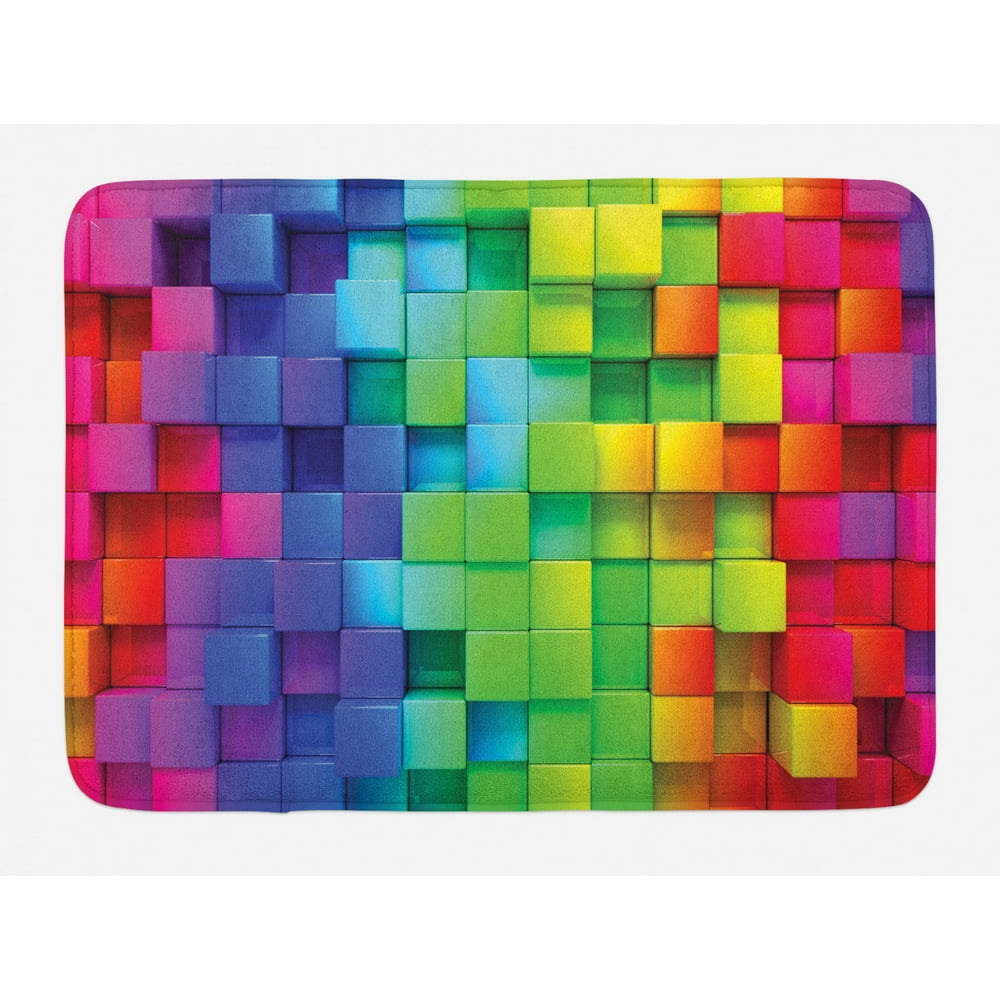 Colorful Bath Mat, Rainbow Colored Contour Display Futuristic Block