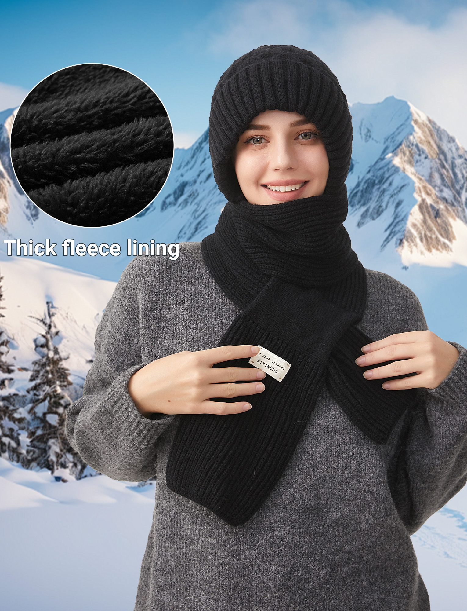 FEOYA Women Balaclava Hood Scarf Hat Winter Beanie Hats Scarf One Piece Integrated Ear Protection Windproof Cap Scarf Warm Fleece Knitted Ski Scarf Hat Black