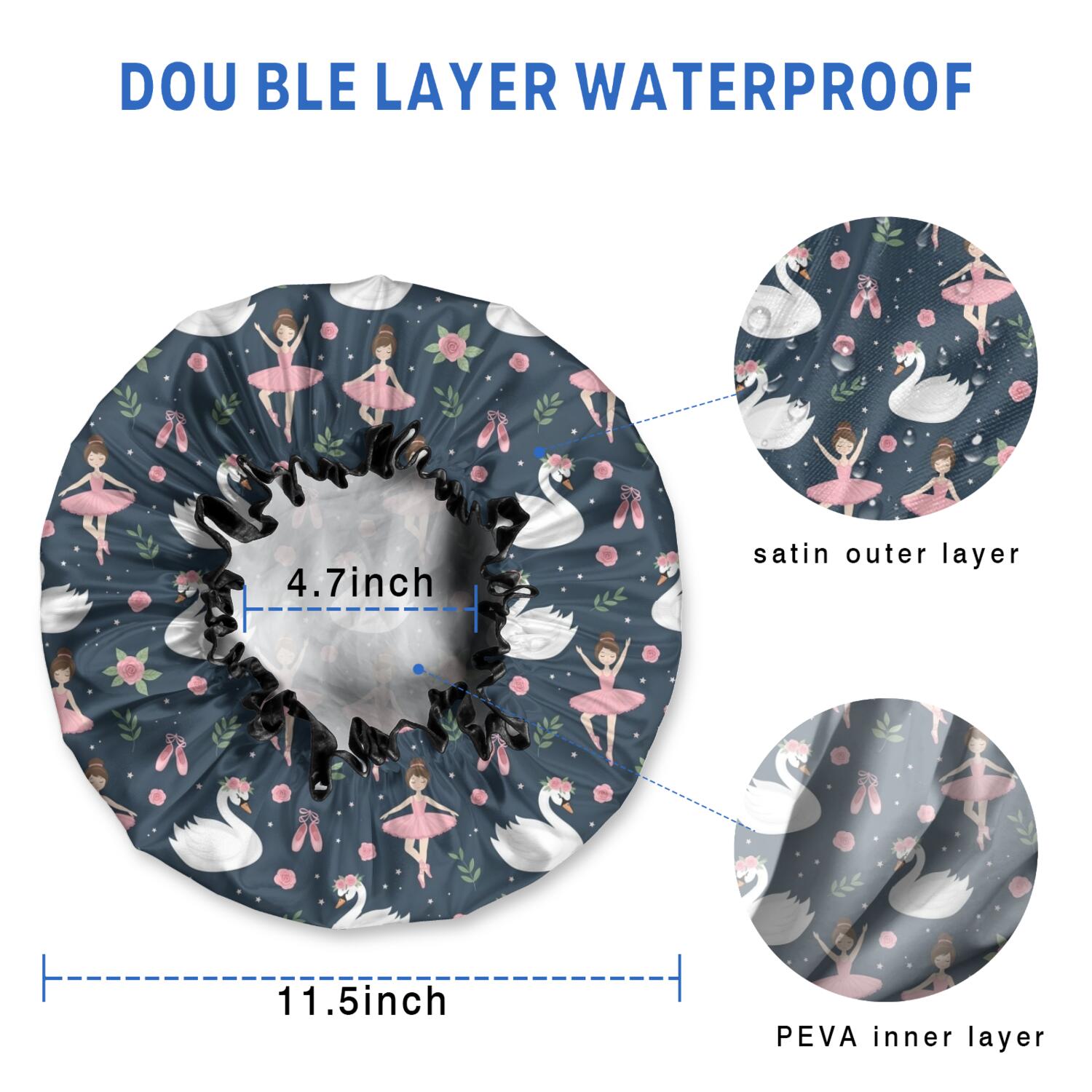 Shower Caps,Dark Blue Swan Ballerina Pattern Waterproof Shower Cap for Women 4 Pieces,Double Reusable Hair Cover for Shower PEVA Elastic Stretch Hem