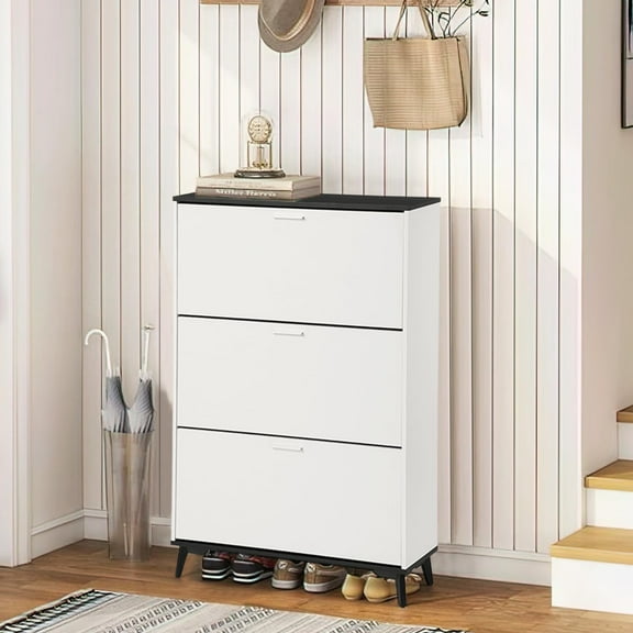 TROPOW Shoe Storage Cabinet,Entryway Shoe Cabinet with 3 Flip Drawers, Freestanding Wooden Shoes Storage Organizer with Legs, Narrow Shoe Organizer Cabinet for Entryway Hallway Closet
