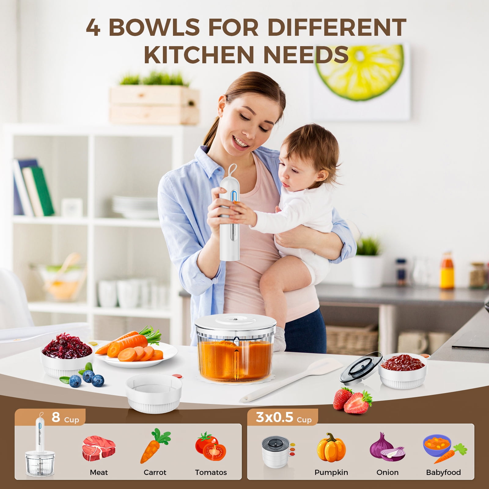TTFTTF Glass Food Processor with 4 Blades & 4 Bowls (8 Cup + 3x0.5 Cup), Small Food Processor& Meat Grinder - Compact Design for Meal Prep, Baby Food, Sauces - Dishwasher Safe