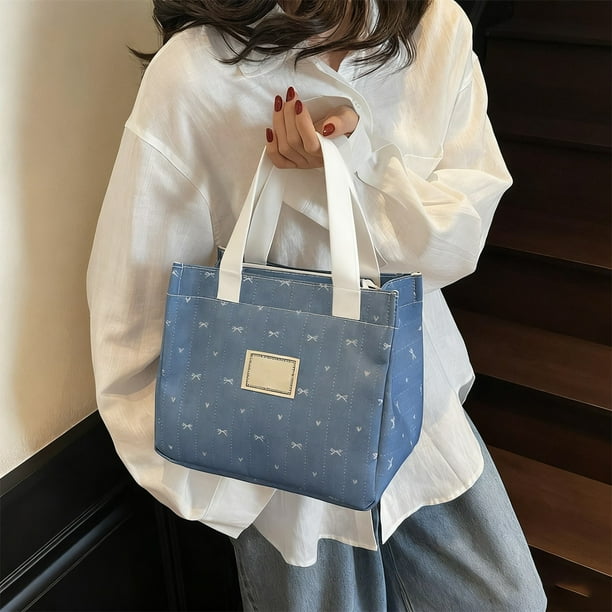 Bolsa de almuerzo con diseño de gatito para mujer, bolso de mano informal de mezclilla de gran capacidad, bolso de hombro portátil de almacenamiento