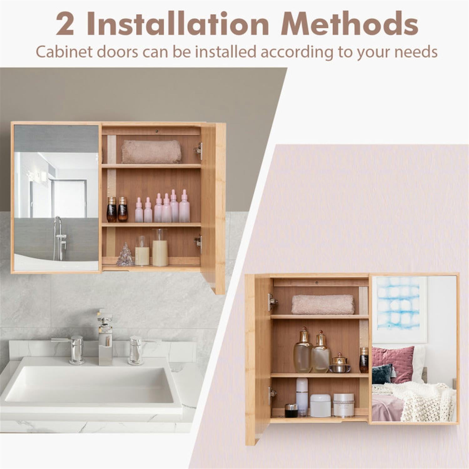 Demi Bonn Bamboo Bathroom Medicine Cabinet with Mirror, Wall Mounted Double Mirror Door Storage Cabinet with Adjustable Shelf for Bathroom Living Room Hallway, Beige