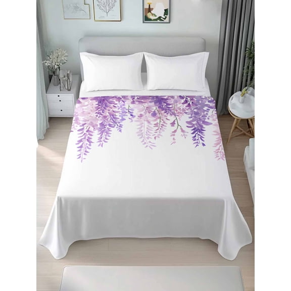 Spring Flowers Queen Size Flat Sheet, Wrinkleproof & Fadeproof Cooling Flat Bed Sheet Only, Purple Lavender Floral Modern Pastoral Breathable Soft Bedding Top Sheets 90 x 102 Inches