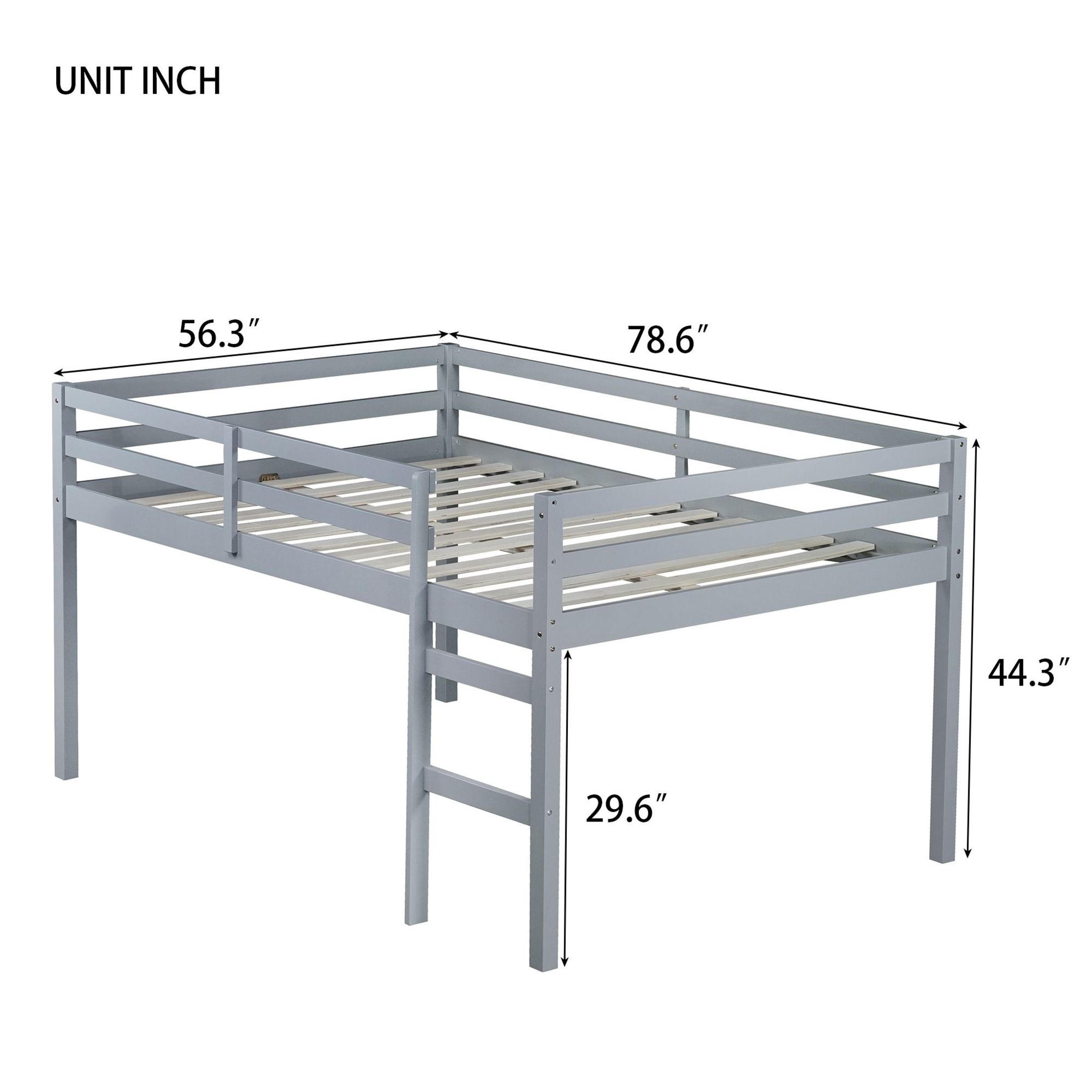 Noble House Full Loft Bed, Rubber Wood Frame with Ladder, Guardrails & Space-Saving Storage Design, Grey