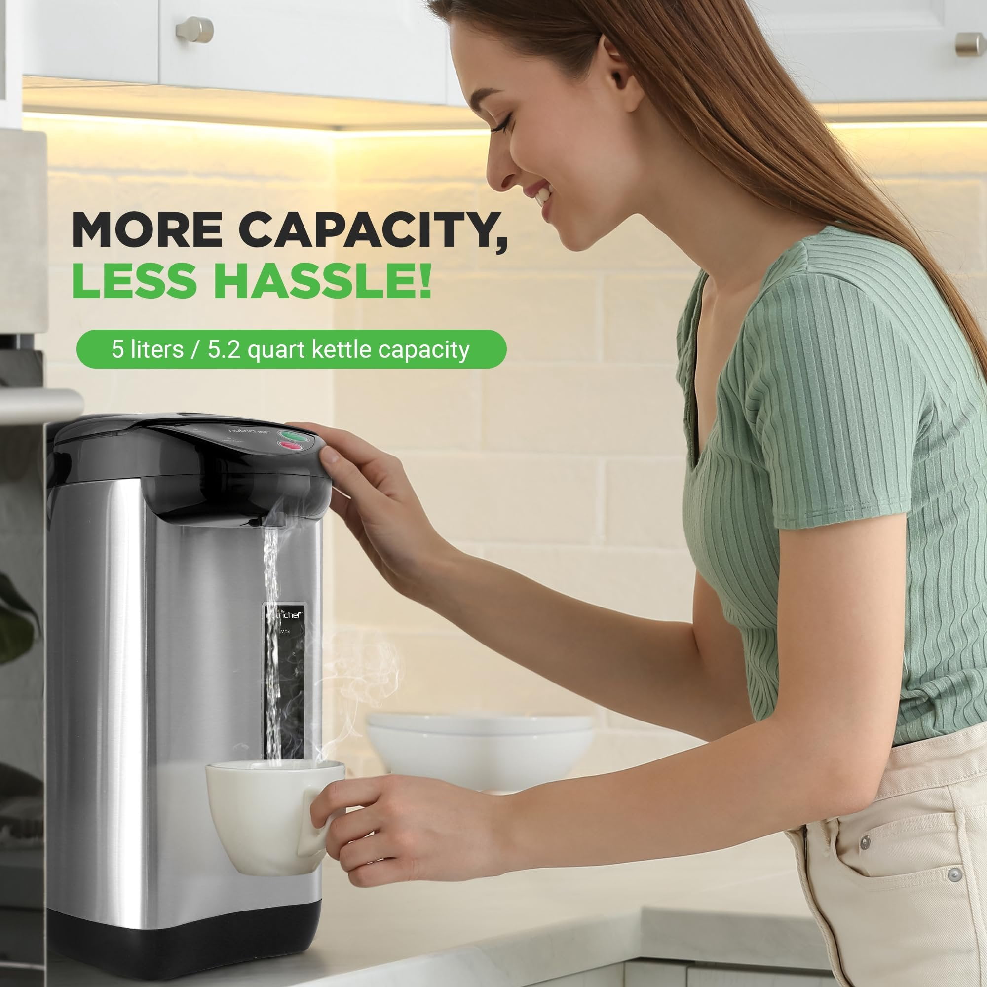 NutriChef 5.2 Qt Electric Water Kettle, Quick Heating, 5 Liter Digital Kettle with 5 Temperature Settings, Safety Lock, Stainless Steel, 3 Dispensing Options, Easy to Clean, 11"x19"x11"