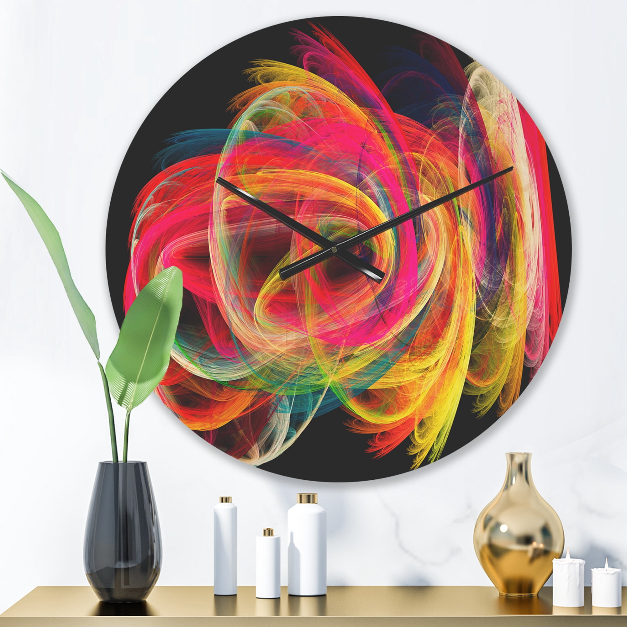 Designart 'Colorful Fractal Thick Strokes in Black ' Modern Wood Wall Clock