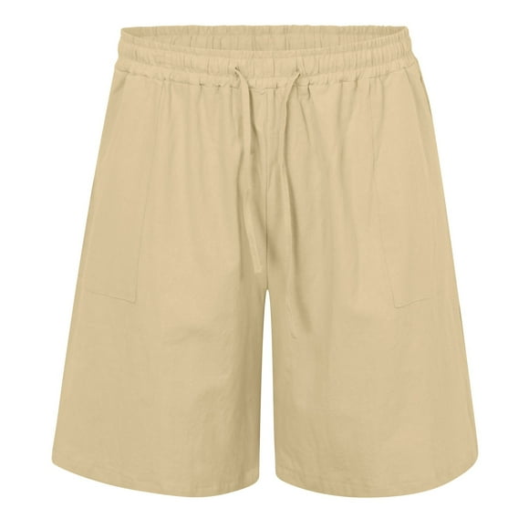 Summer Shorts Casual Male Cotton Linen Shorts Summer Lightweight Drawstring Beach Pants Running Shorts Khaki M