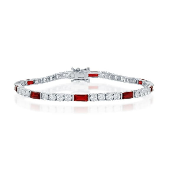 Created Ruby 3mm Round and Emerald Cut Simulated CZ Diamond 7.25’’ Tennis Bracelet Sterling Silver Jewelry for Women or Teens