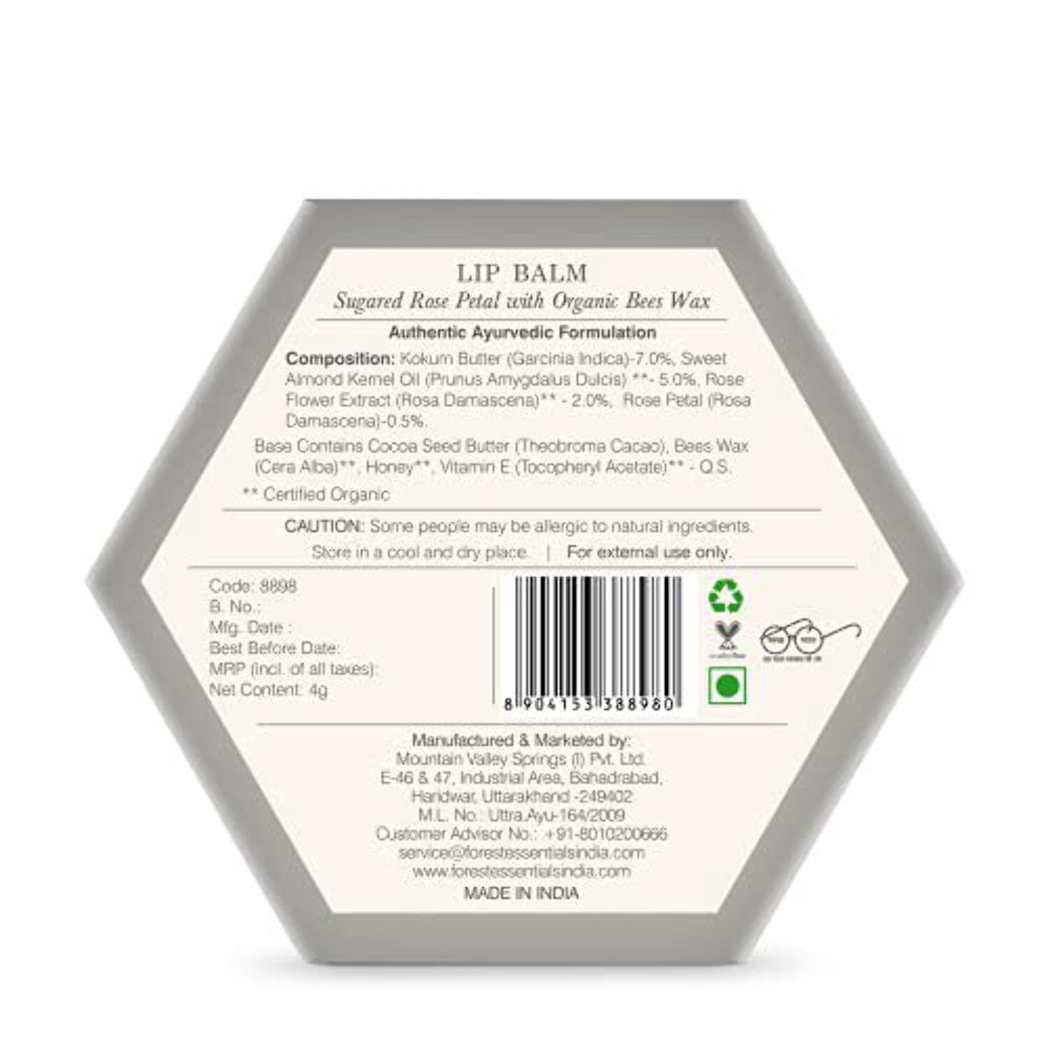 Forest Essentials Luscious Lip Balm Sugared Rose Petal 4g