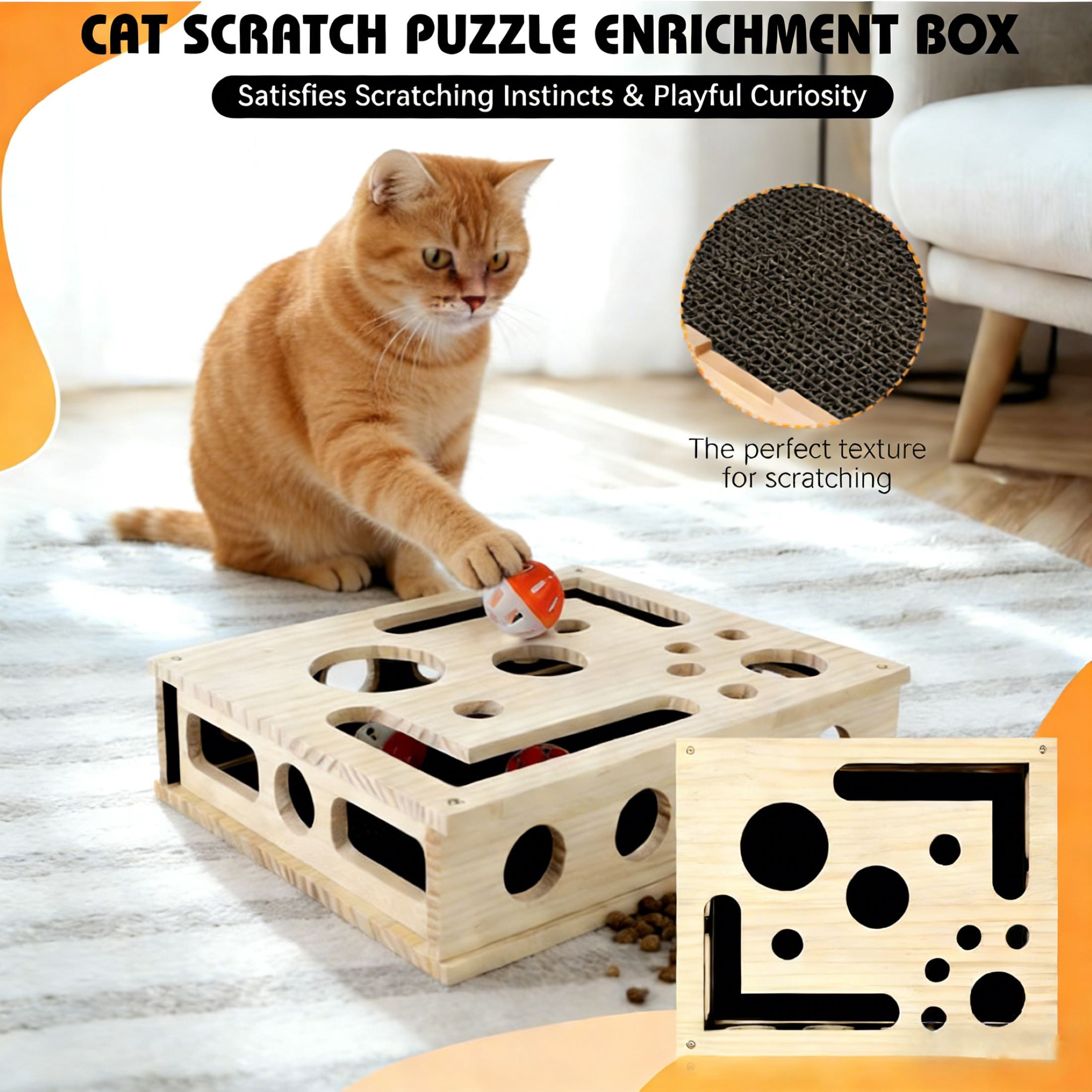 Interactive cat nail file scratch puzzle rich box, with nail file pad, 1 wand toy, and 3 game balls (random colors)