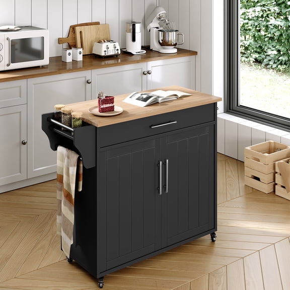 Pingliang Home 35" Kitchen Pantry Cabinet Kitchen Island with Storage,Wood Top Cart with Wheels,Fits for Home Coffee Bar