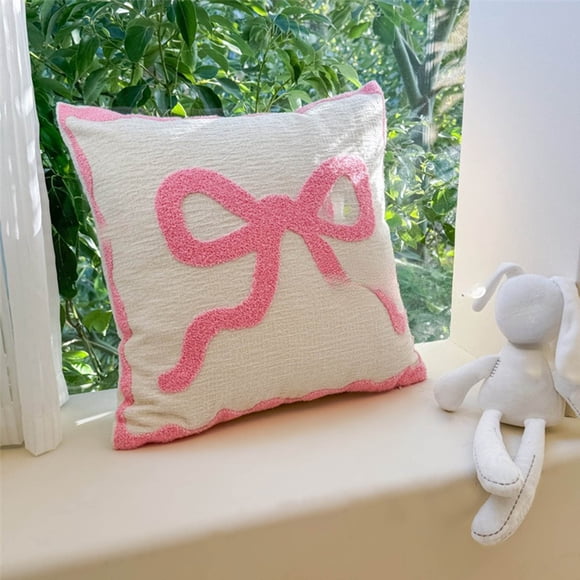 weibbin Valentine's Day Throw Pillow with Bow Design Sofa Cushion Living Room Decor Pink Cover with Insert