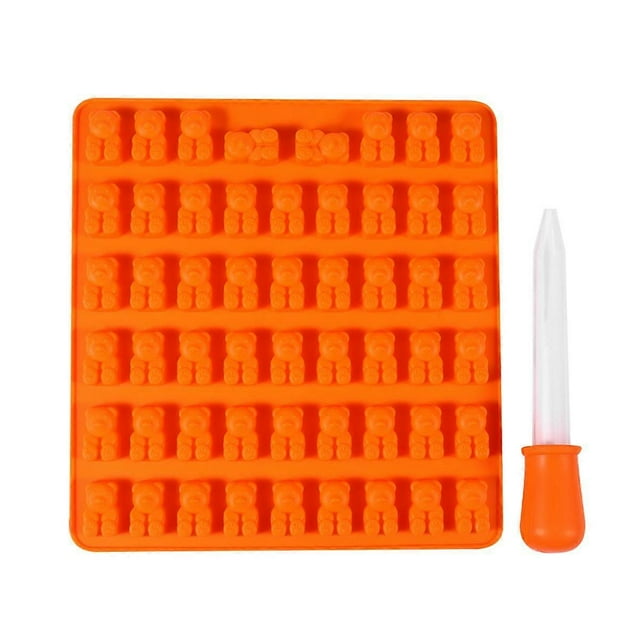 53 Cavities Bear Chocolate Mold DIY Silicone Gummy Mould Candy Tray for Jelly Cookie Ice Cube (Orange, with Dropper)