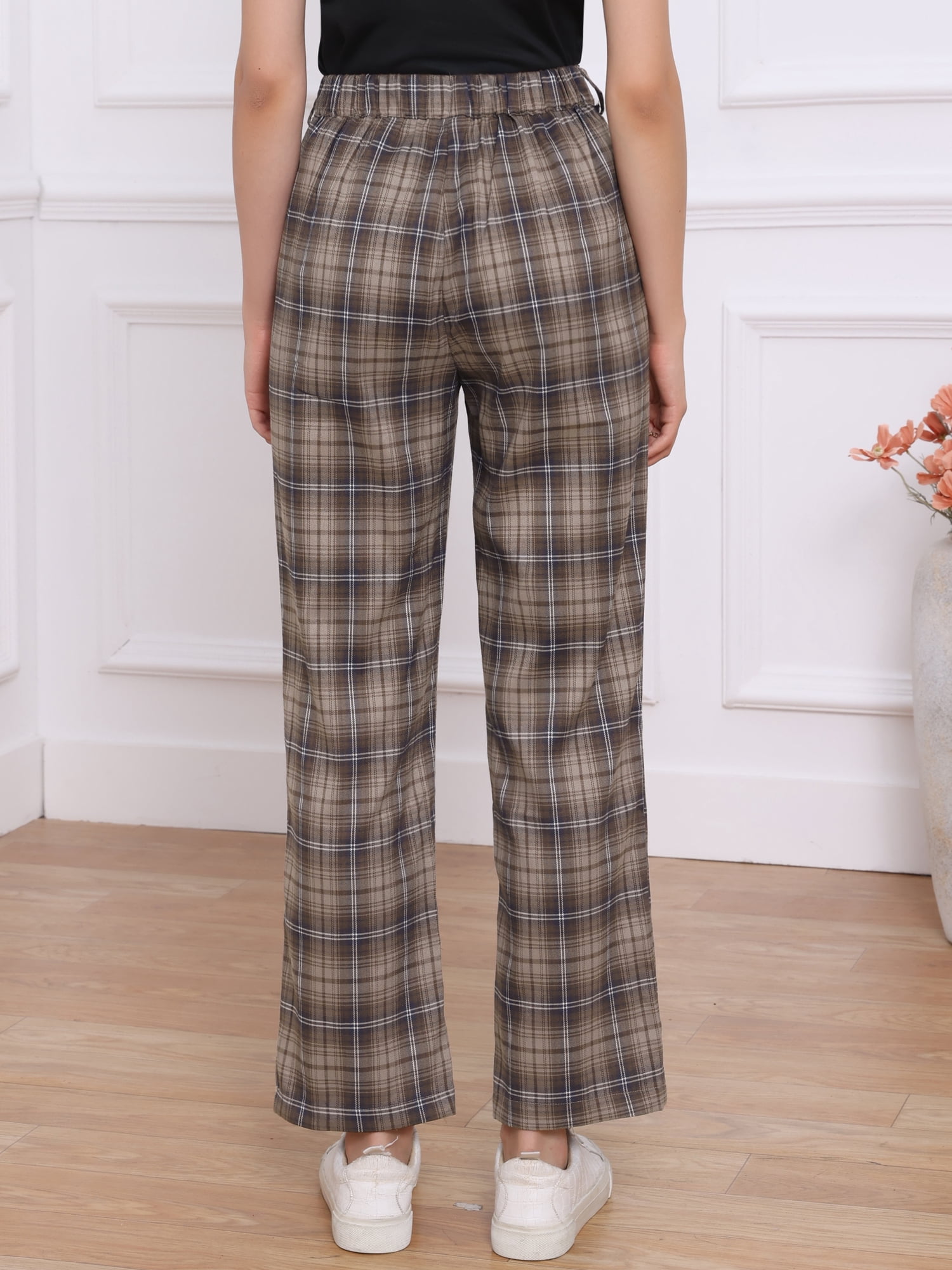 DARING DIVA Women's Plaid Pants Elastic Waist Casual Office Long Trousers XL Brown Coffee