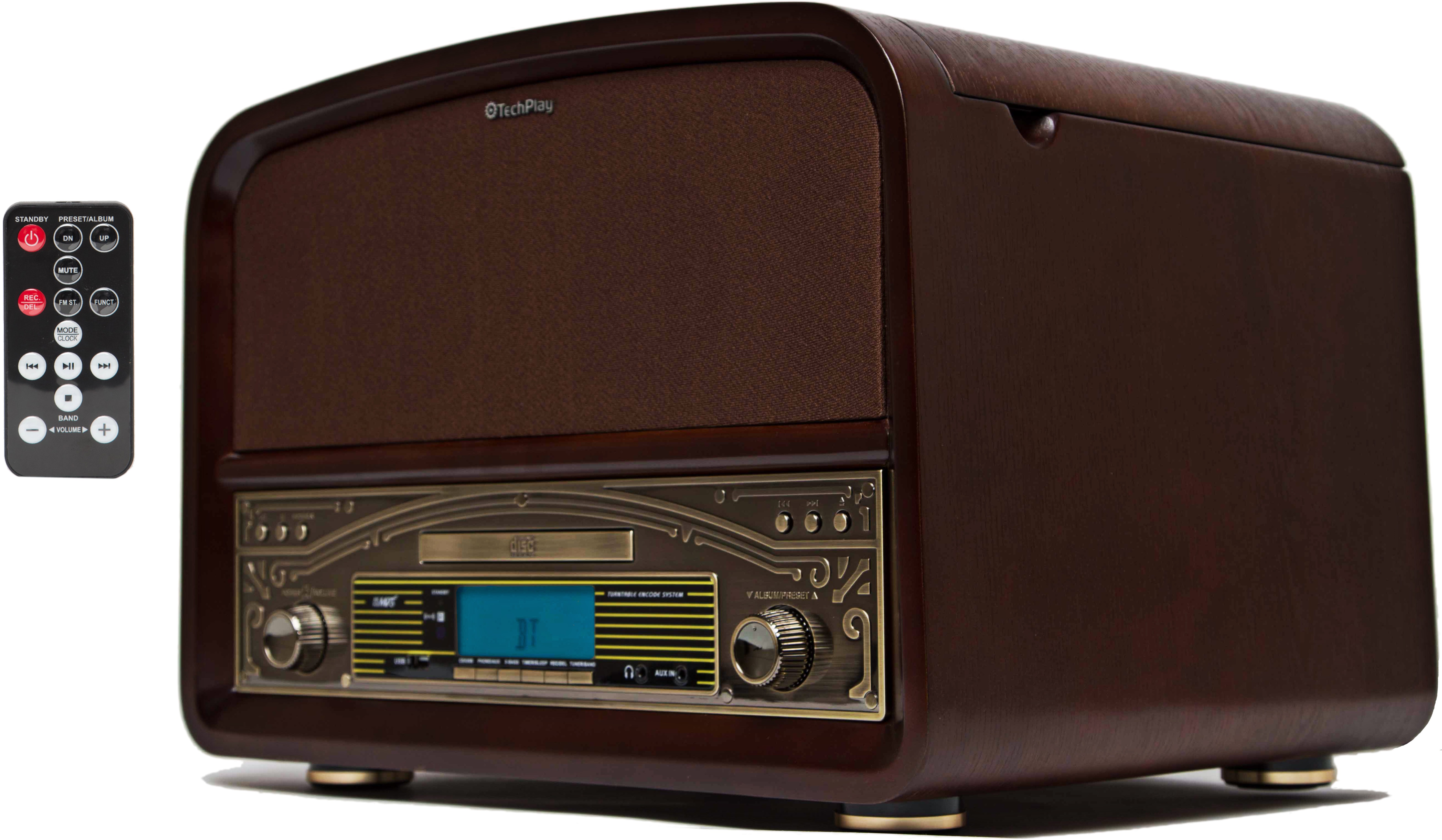 TechPlay TCP9560, High Power 20W Retro Wooden 3 Speed Bluetooth Turntable,  with CD Player, AM/FM Radio, USB Recording and Playback with Remote