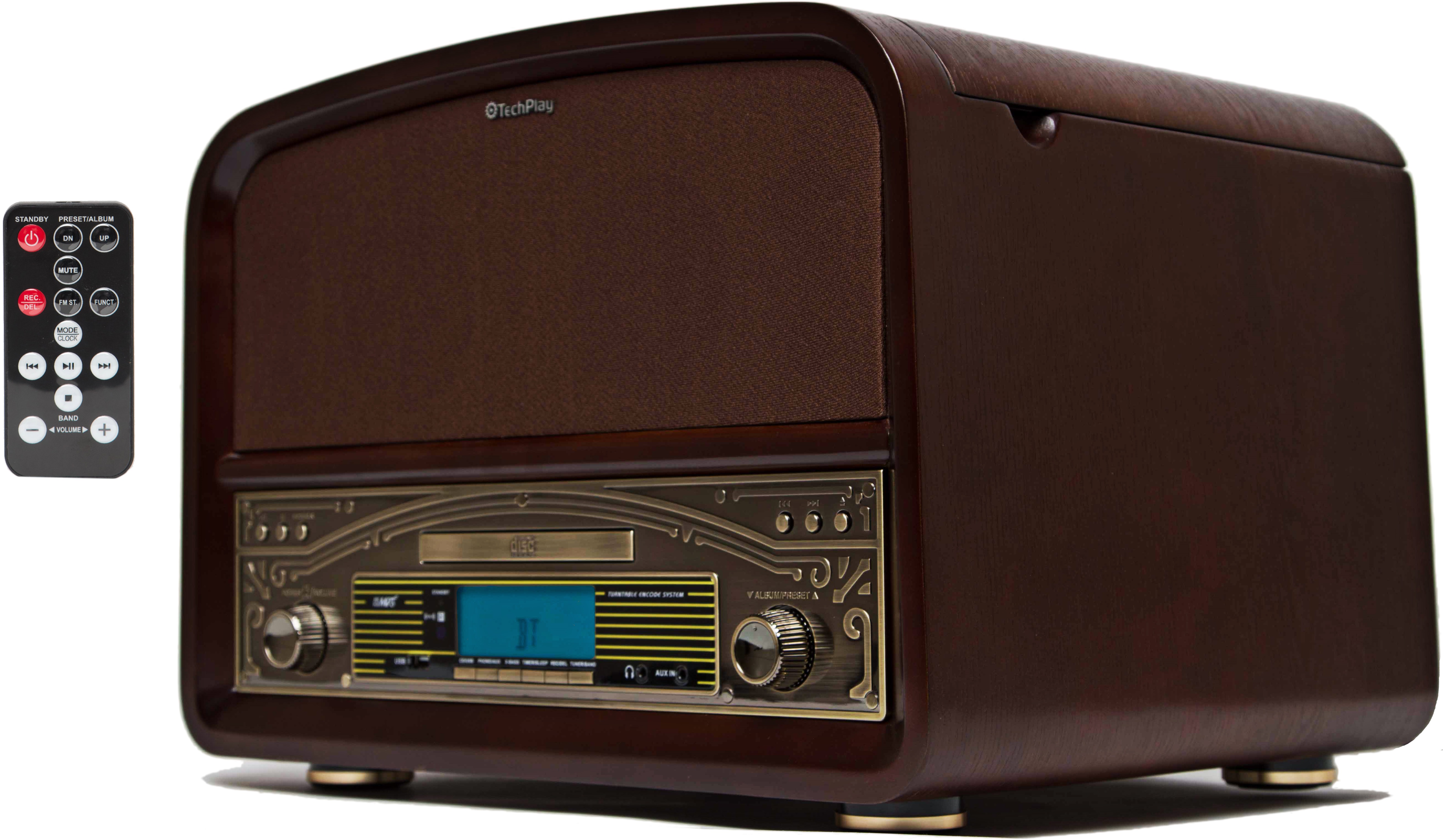 TechPlay TCP9560, High Power 20W Retro Wooden 3 Speed Bluetooth Turntable, with CD Player, AM/FM Radio, USB Recording and Playback with Remote Control(Walnut) - image 4 of 4