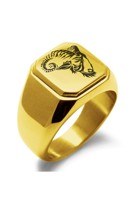 Stainless Steel Celestial Satyr Goat Engraved Square Flat Top Biker Style Polished Ring