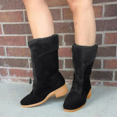 

ZMHEGW Boots For Women Warm Snow Keep Slipon Heel Flock Middle High Boots Shoes