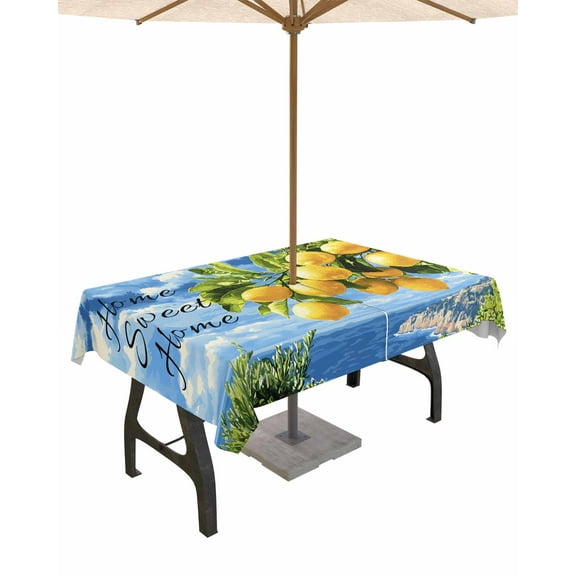 nqOlkjepod Lemon Coastal Outdoor Tablecloth with Umbrella Hole & Zipper, Summer Fruit Botanical Beach Ocean Rectangle Table Cover 52x70 Inch, Dining Waterproof Table Cloth Protector for Patio/Party