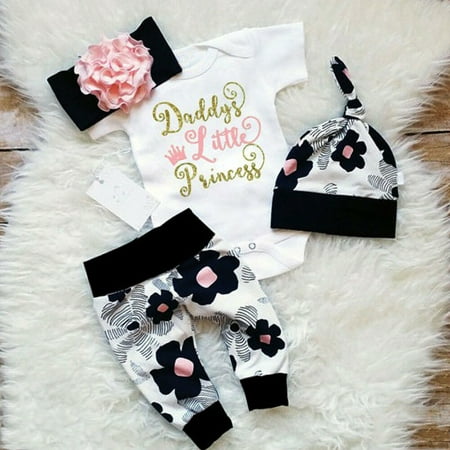4pcs Newborn Toddler Baby Girl Floral Clothes Jumpsuit Romper Bodysuit Pants Headband Hat Outfit Set 0-6