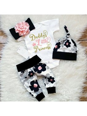 4pcs Newborn Toddler Baby Girl Floral Clothes Jumpsuit Romper Bodysuit Pants Headband Hat Outfit Set 0-6 Months