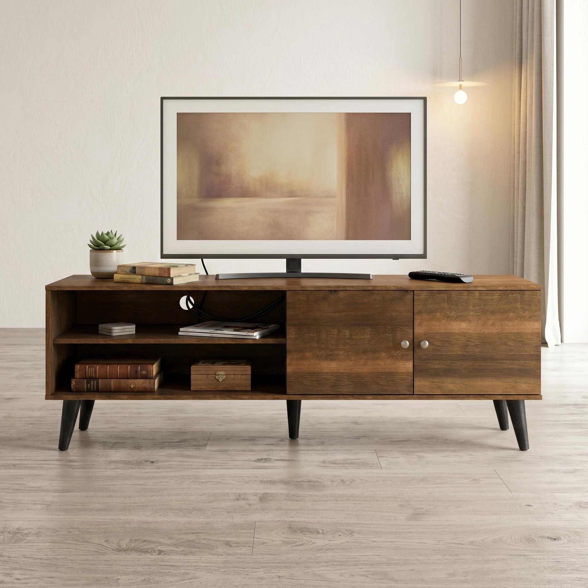 MOONMISS TV Stand for TVs up to 70",with 2 Storage Shelves& 1 Cabinet,Wood Modern Entertainment Centre for TV in Living Room,Brown