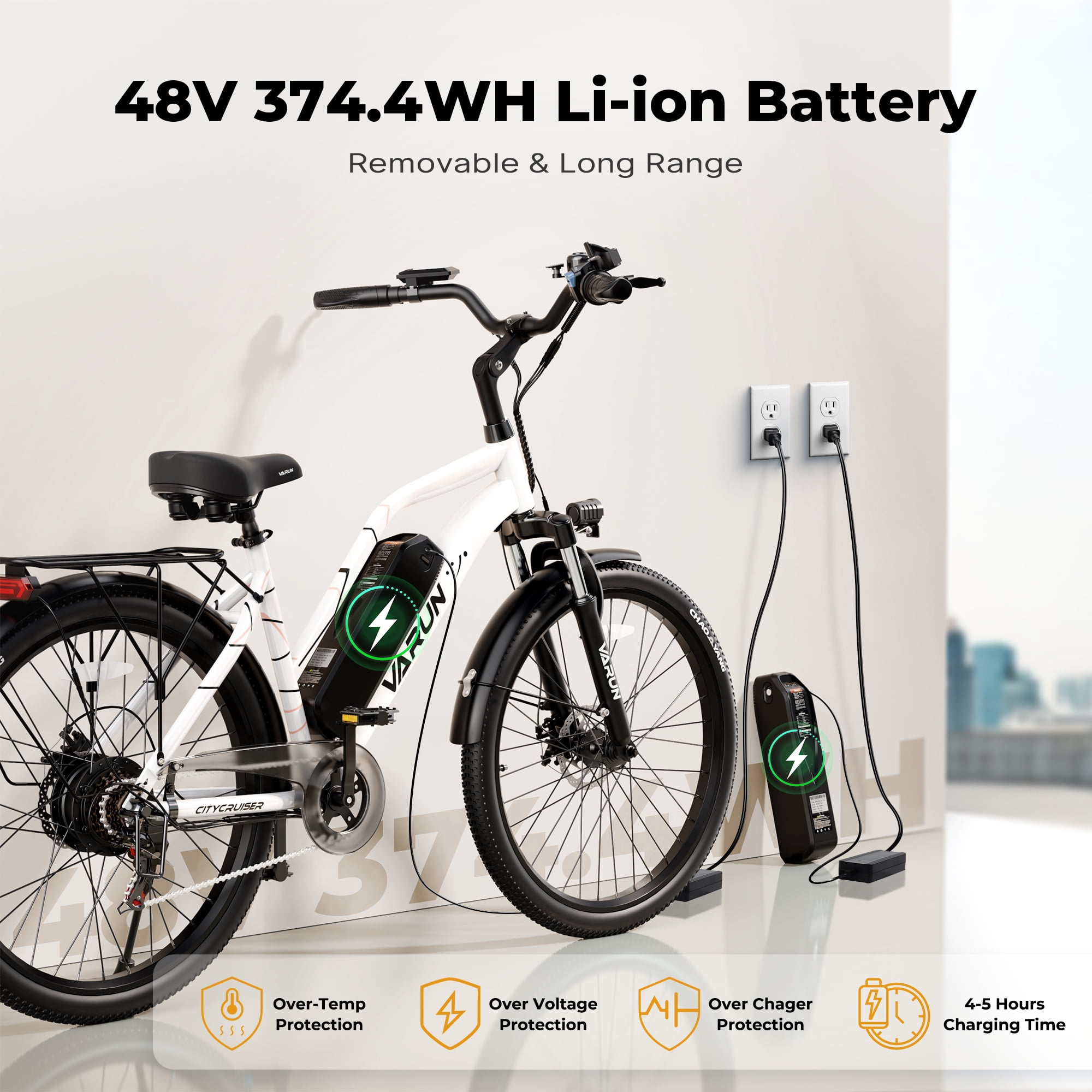 VARUN Electric Bike, 24" EBike with 750W Peak Motor, 48V 374.4Wh Removable Battery, 20+MPH, 7-Speed Gears, Includes Bike Pump, Phone Holder & Bike Lock - Commuter E-Bike for Men & Women, UL2849