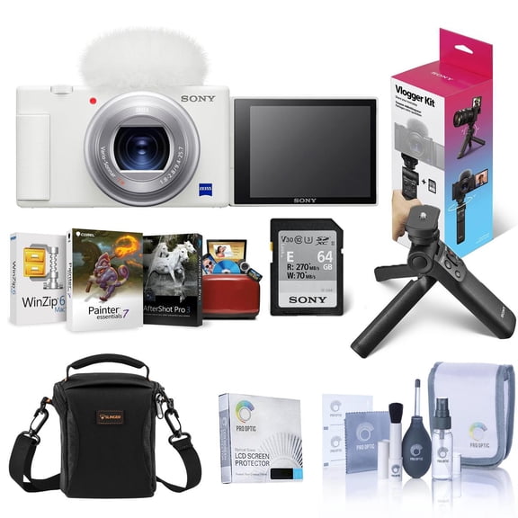 Sony ZV-1 Compact 4K HD Digital Camera, White Bundle with Sony Shooting Grip/Tripod, 64GB UHS-II SD Card, Shoulder Bag, Corel Mac Software Kit and Accessories
